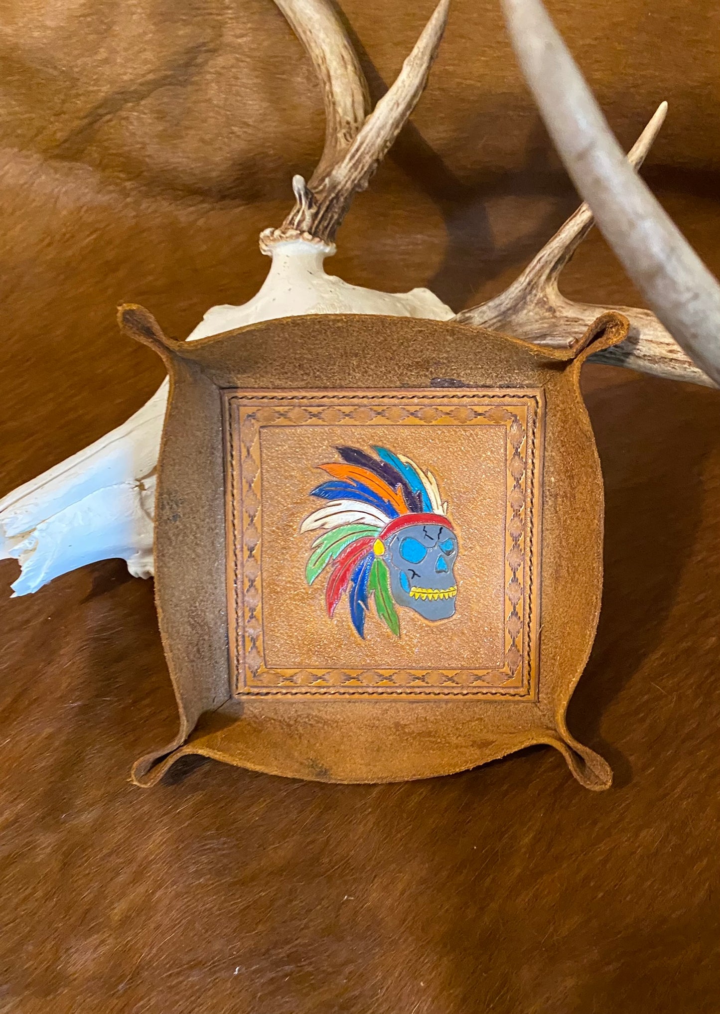 Leather Valet Tray w/ Hand painted skull